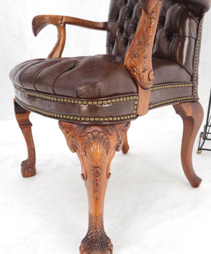 Brown Leather Chesterfield Backs & Seat Carved Walnut Armchairs Fireside Chairs