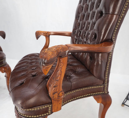 Brown Leather Chesterfield Backs & Seat Carved Walnut Armchairs Fireside Chairs