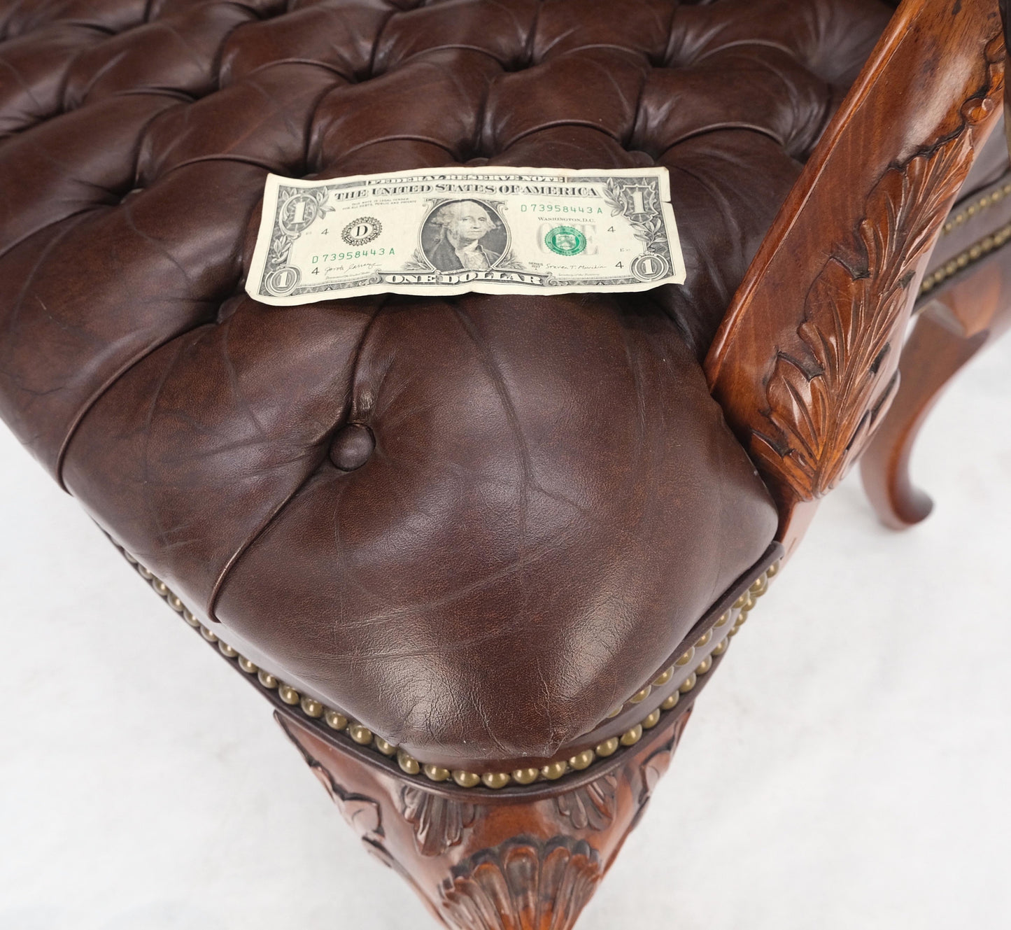 Brown Leather Chesterfield Backs & Seat Carved Walnut Armchairs Fireside Chairs