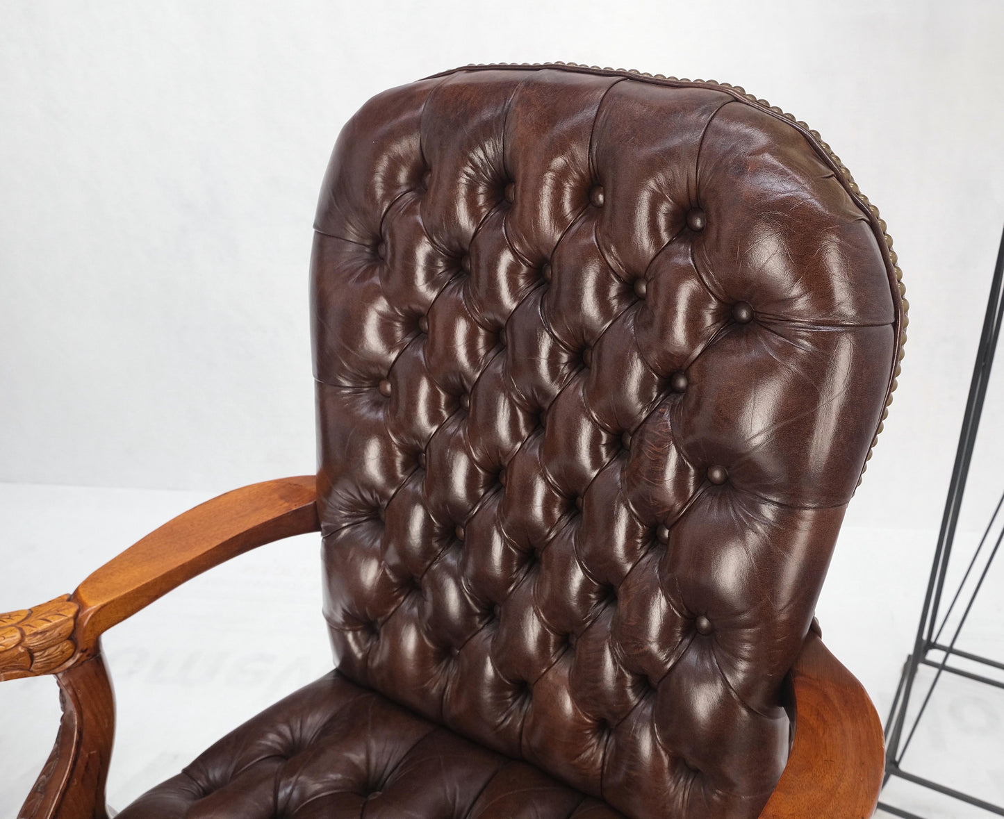 Brown Leather Chesterfield Backs & Seat Carved Walnut Armchairs Fireside Chairs