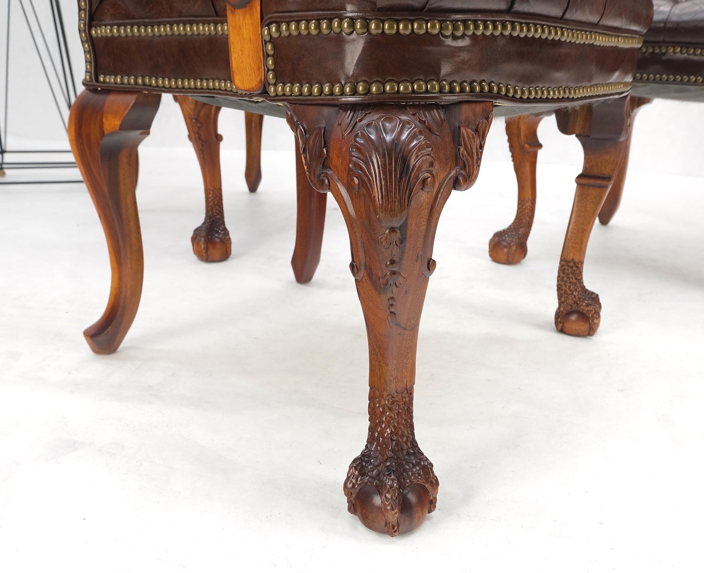 Brown Leather Chesterfield Backs & Seat Carved Walnut Armchairs Fireside Chairs