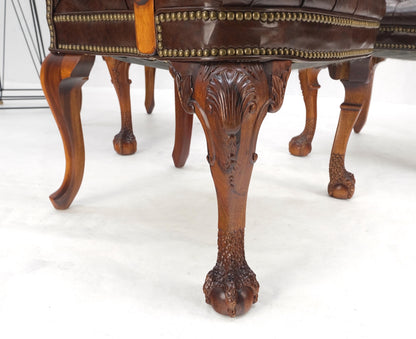 Brown Leather Chesterfield Backs & Seat Carved Walnut Armchairs Fireside Chairs