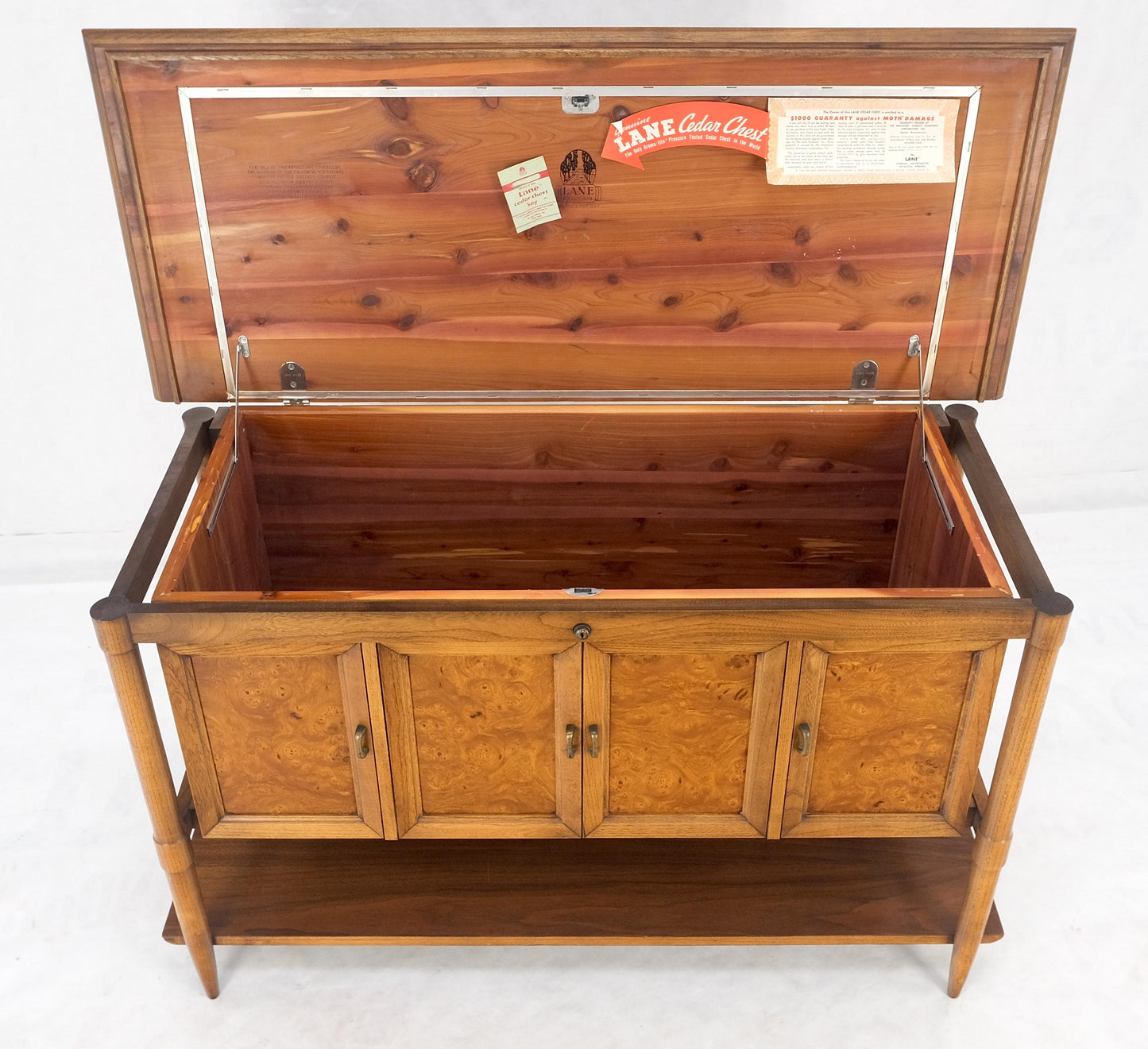 Burl Wood Light Walnut Lift Top "Dresser" on Sculptural Legs Cedar Lined Chest