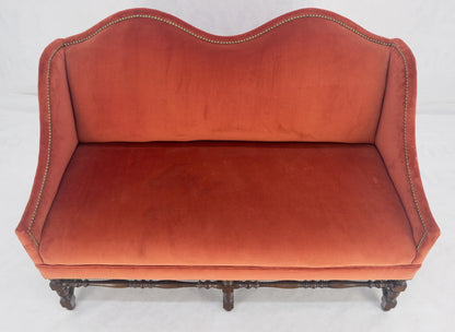 William & Mary Style Brick Red Camel Back Upholstery Walnut Base Sofa Loveseat