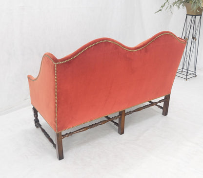 William & Mary Style Brick Red Camel Back Upholstery Walnut Base Sofa Loveseat