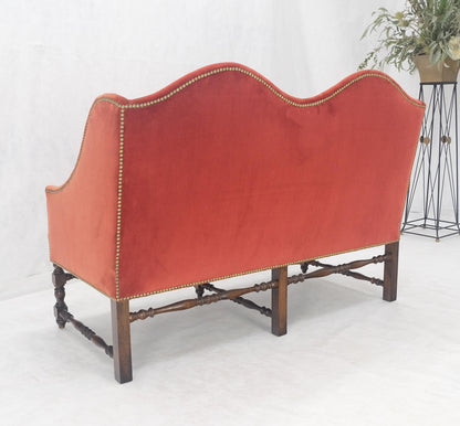 William & Mary Style Brick Red Camel Back Upholstery Walnut Base Sofa Loveseat