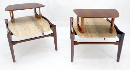 Pair of Bertha Schaefer Walnut Travertine Top Step Side End Tables Stands MINT!