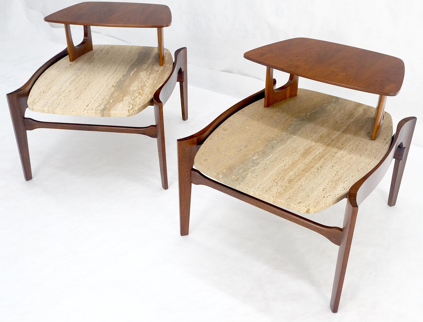 Pair of Bertha Schaefer Walnut Travertine Top Step Side End Tables Stands MINT!