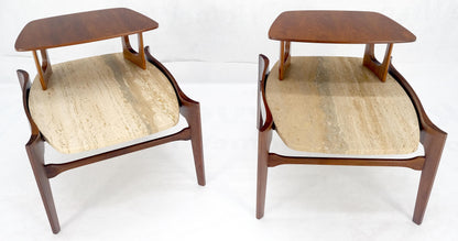 Pair of Bertha Schaefer Walnut Travertine Top Step Side End Tables Stands MINT!