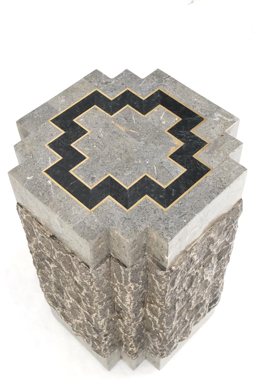 Tessellated Stone Brass Inlay Square Pedestal Stand End Table Black & Grey Mint