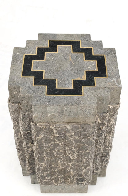 Tessellated Stone Brass Inlay Square Pedestal Stand End Table Black & Grey Mint