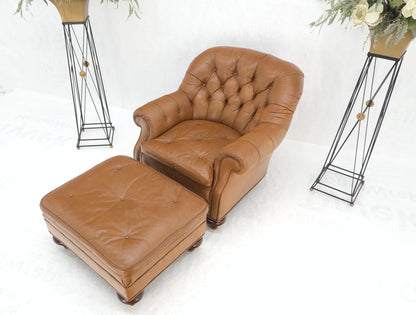 Baker Tan Leather Tufted Back Large Arm Chair w/ Ottoman Pouf Turned Legs MINT!