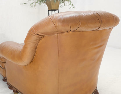 Baker Tan Leather Tufted Back Large Arm Chair w/ Ottoman Pouf Turned Legs MINT!