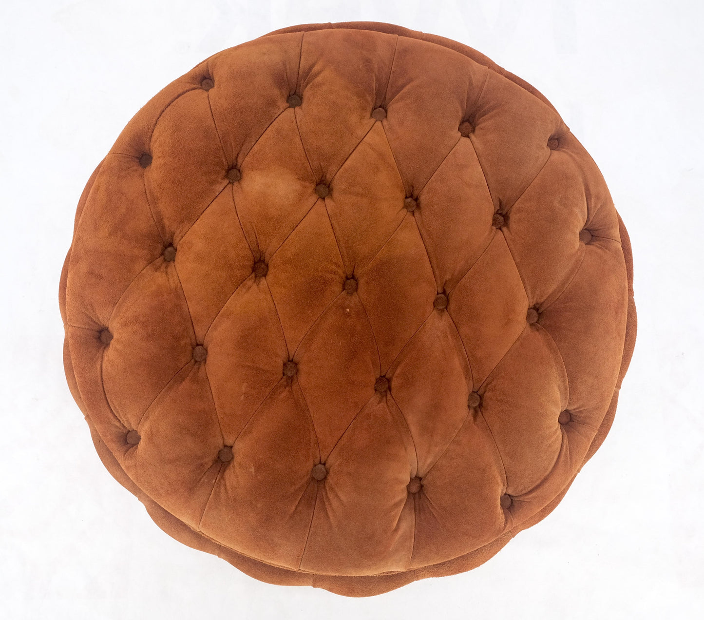 Tufted Orange Rust Color Suede Leather 32 Round Ottoman Bench Pouf 1970s MINT!