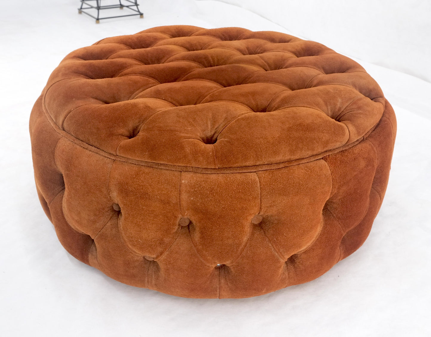 Tufted Orange Rust Color Suede Leather 32 Round Ottoman Bench Pouf 1970s MINT!