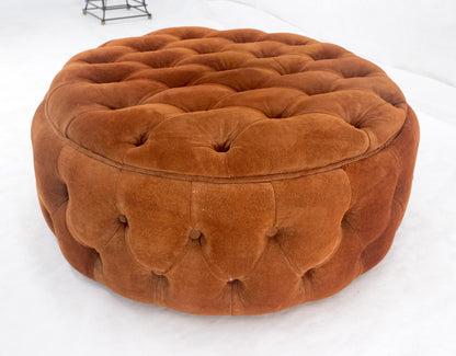 Tufted Orange Rust Color Suede Leather 32 Round Ottoman Bench Pouf 1970s MINT!