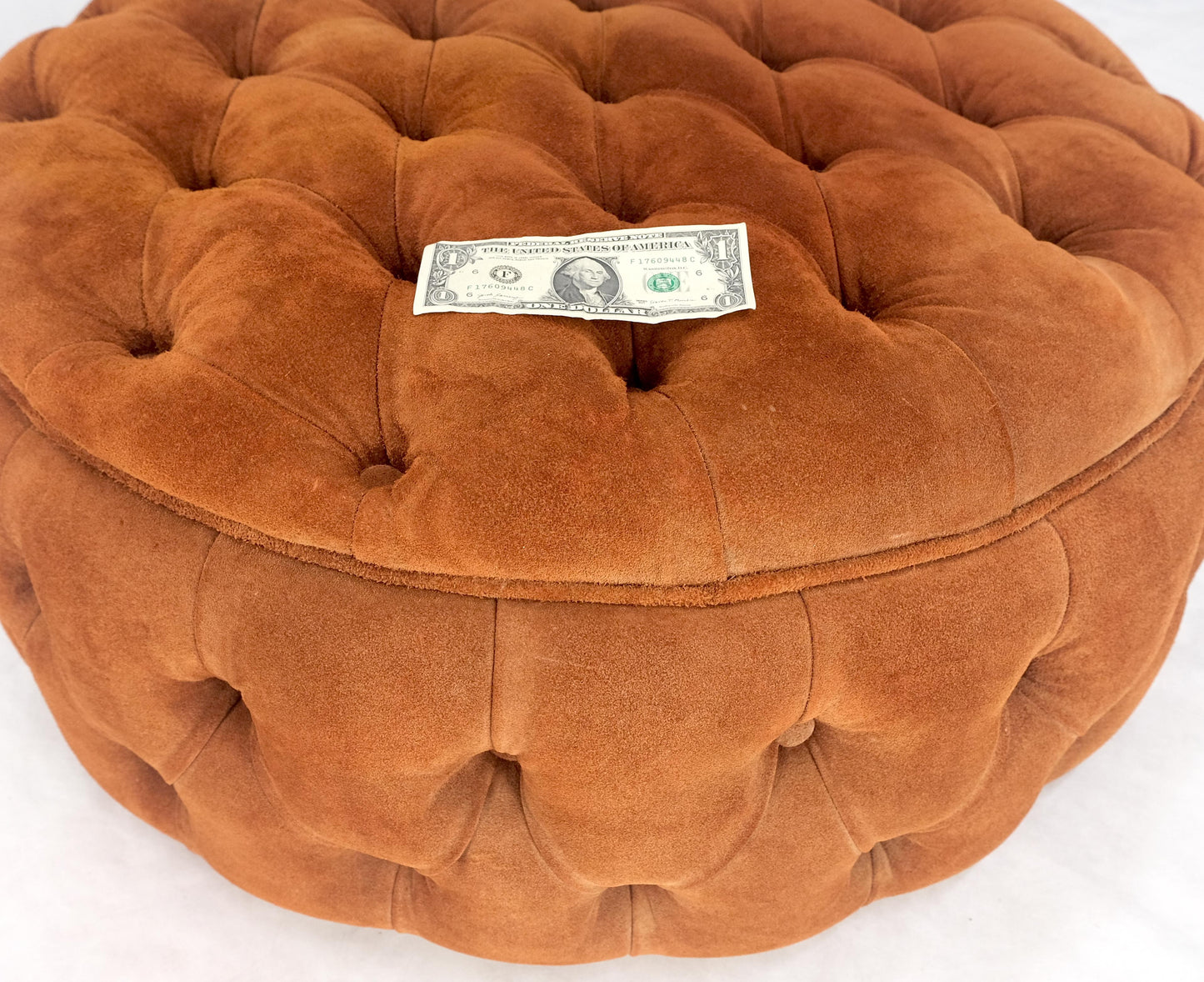 Tufted Orange Rust Color Suede Leather 32 Round Ottoman Bench Pouf 1970s MINT!