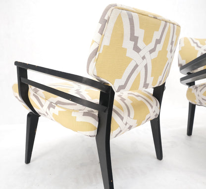 Pair of Mid-Century Modern Black Lacquer Abstract Fabric Lounge Chairs AS IS