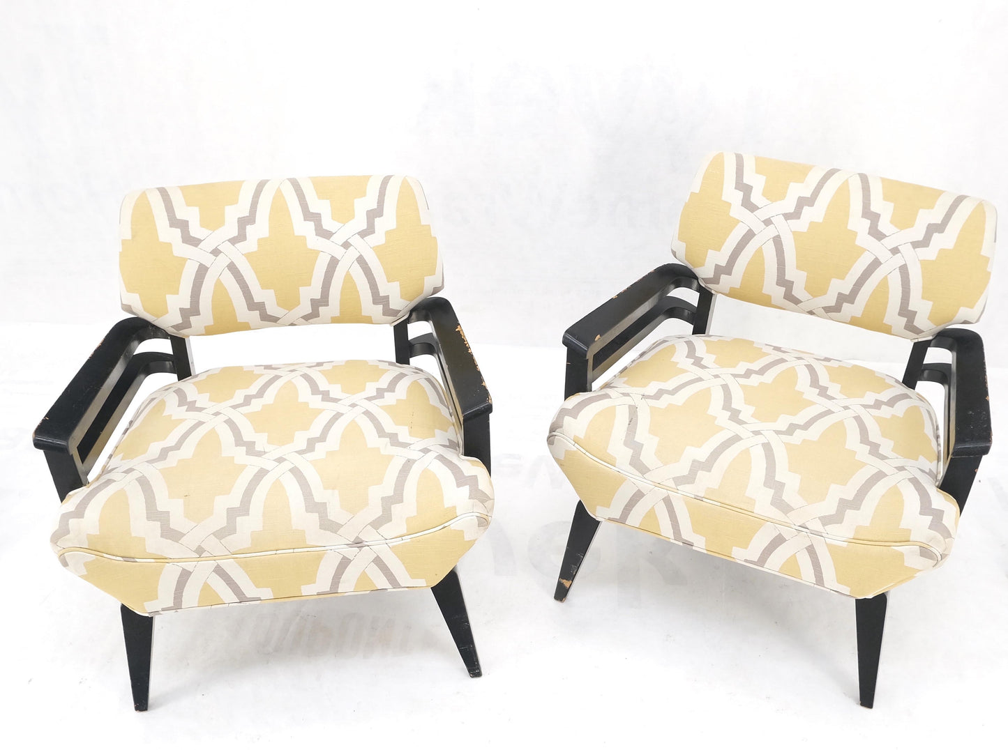 Pair of Mid-Century Modern Black Lacquer Abstract Fabric Lounge Chairs AS IS