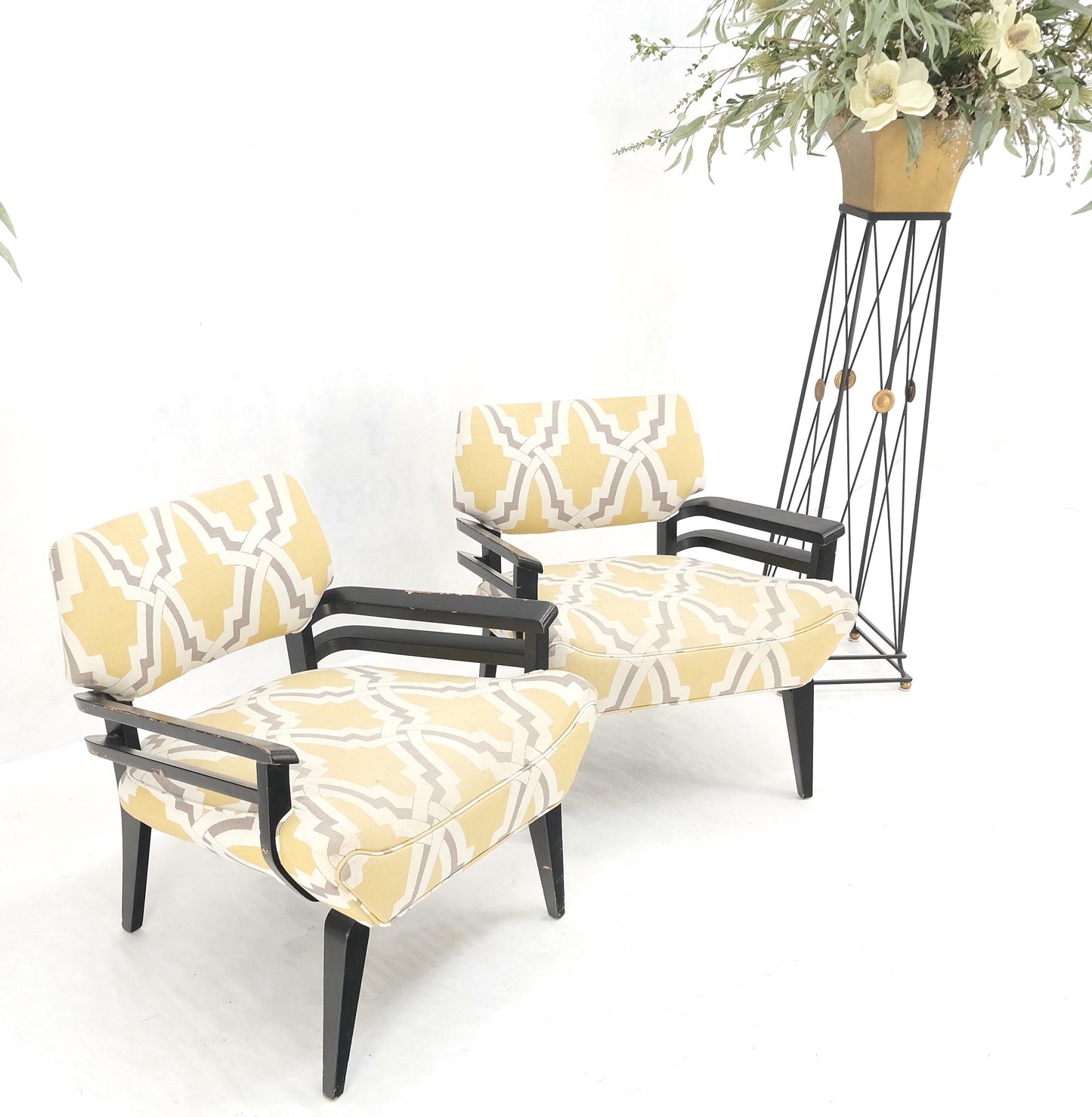 Pair of Mid-Century Modern Black Lacquer Abstract Fabric Lounge Chairs AS IS