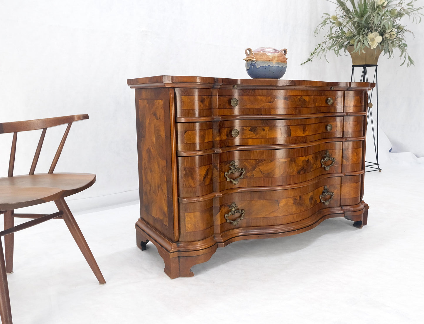 Burl Patches Veneer Work Olive Wood Serpentine Front Dresser Bachelor Chest MINT