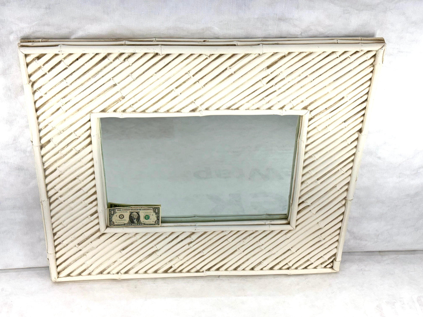 Cast Faux Bamboo White Lacquer Frame Rectangle Wall Mirror Artist Signed & Dated