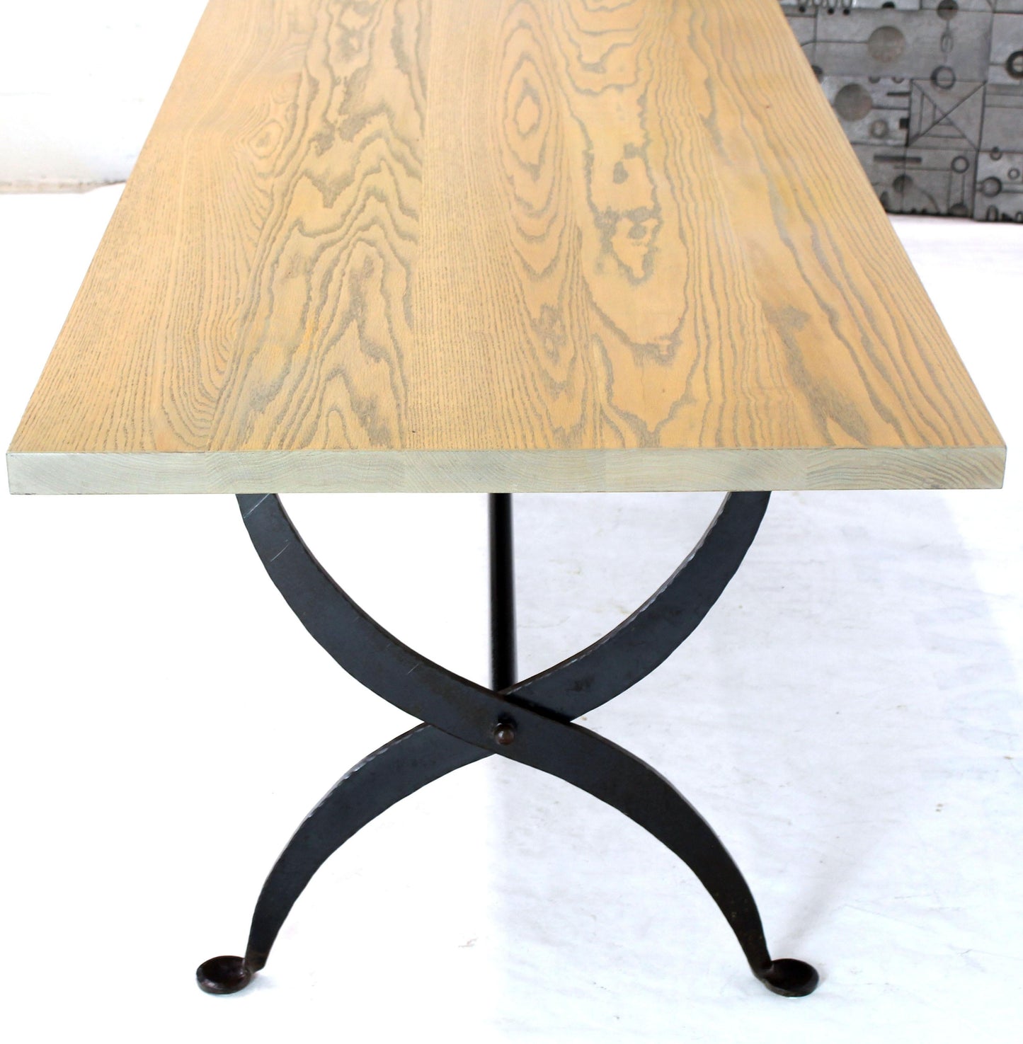 Solid White Wash Finish Oak Top Scissor Wrought Iron Base Harvest Dining Table