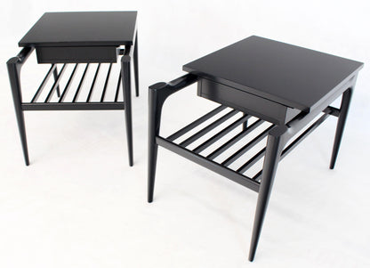 Pair of Black Ebonised One Drawer End Nightstands with Magazine Rack Sculptural