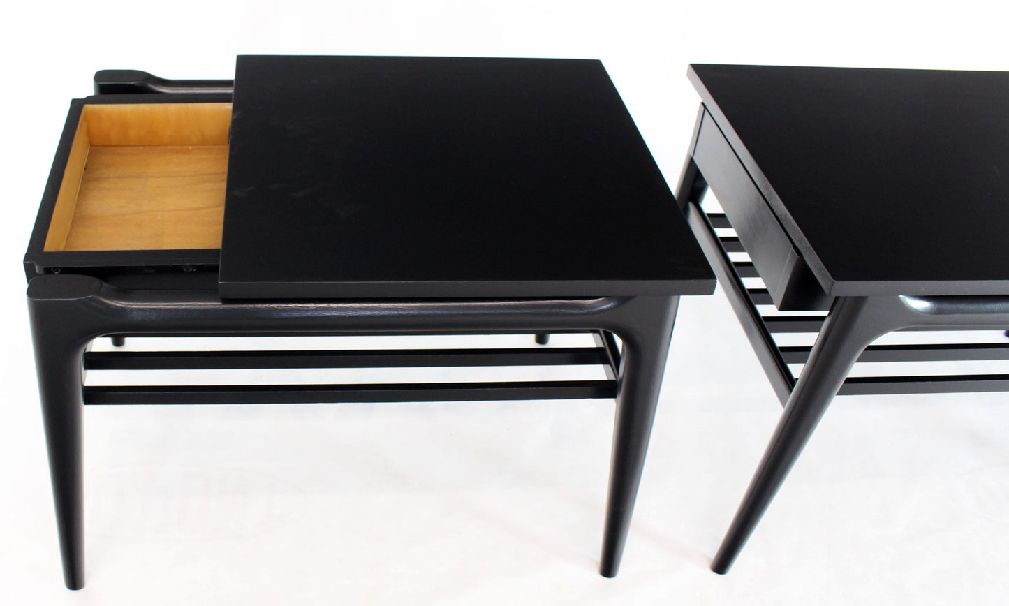 Pair of Black Ebonised One Drawer End Nightstands with Magazine Rack Sculptural