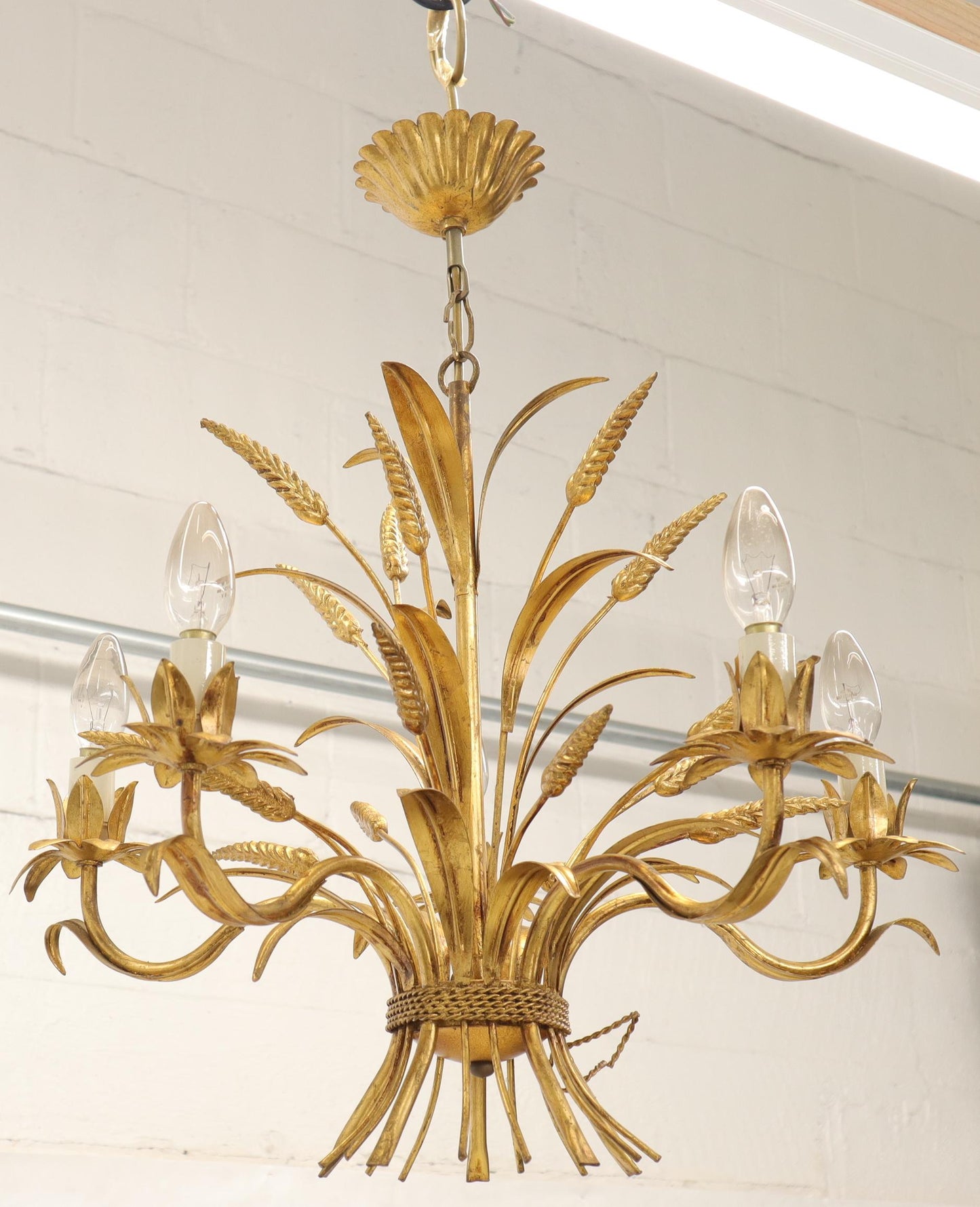 Gold Gilt Metal Cattail Sheaf Light Fixture Chandelier