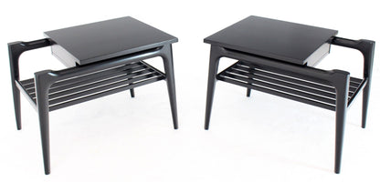 Pair of Black Ebonised One Drawer End Nightstands with Magazine Rack Sculptural