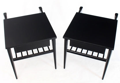 Pair of Black Ebonised One Drawer End Nightstands with Magazine Rack Sculptural