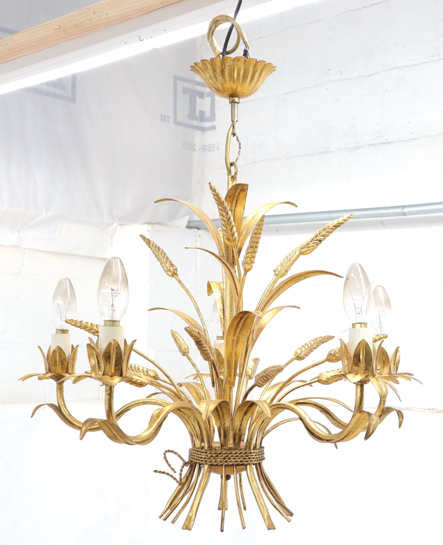 Gold Gilt Metal Cattail Sheaf Light Fixture Chandelier