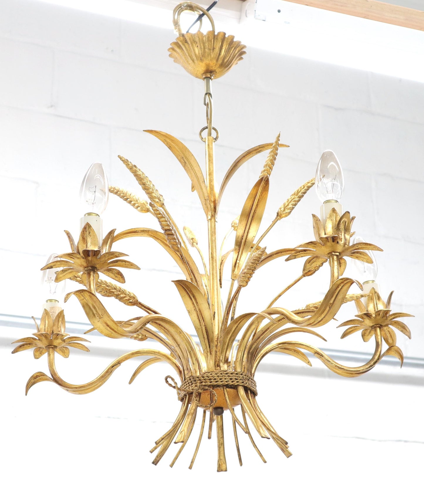 Gold Gilt Metal Cattail Sheaf Light Fixture Chandelier