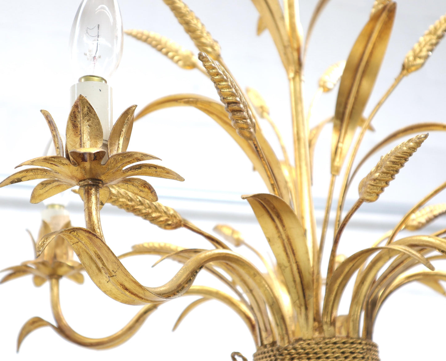 Gold Gilt Metal Cattail Sheaf Light Fixture Chandelier