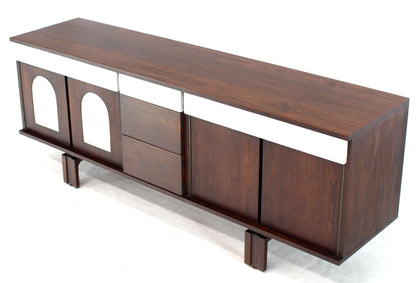 Two-Tone White Lacquer Oiled Walnut Low Long Credenza Dresser Cabinet