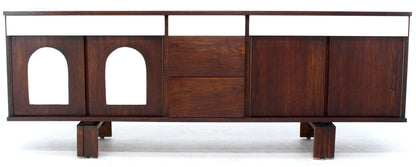 Two-Tone White Lacquer Oiled Walnut Low Long Credenza Dresser Cabinet