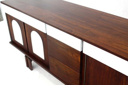 Two-Tone White Lacquer Oiled Walnut Low Long Credenza Dresser Cabinet