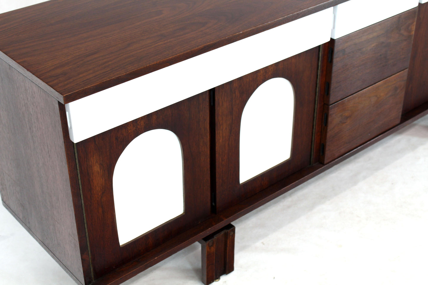 Two-Tone White Lacquer Oiled Walnut Low Long Credenza Dresser Cabinet