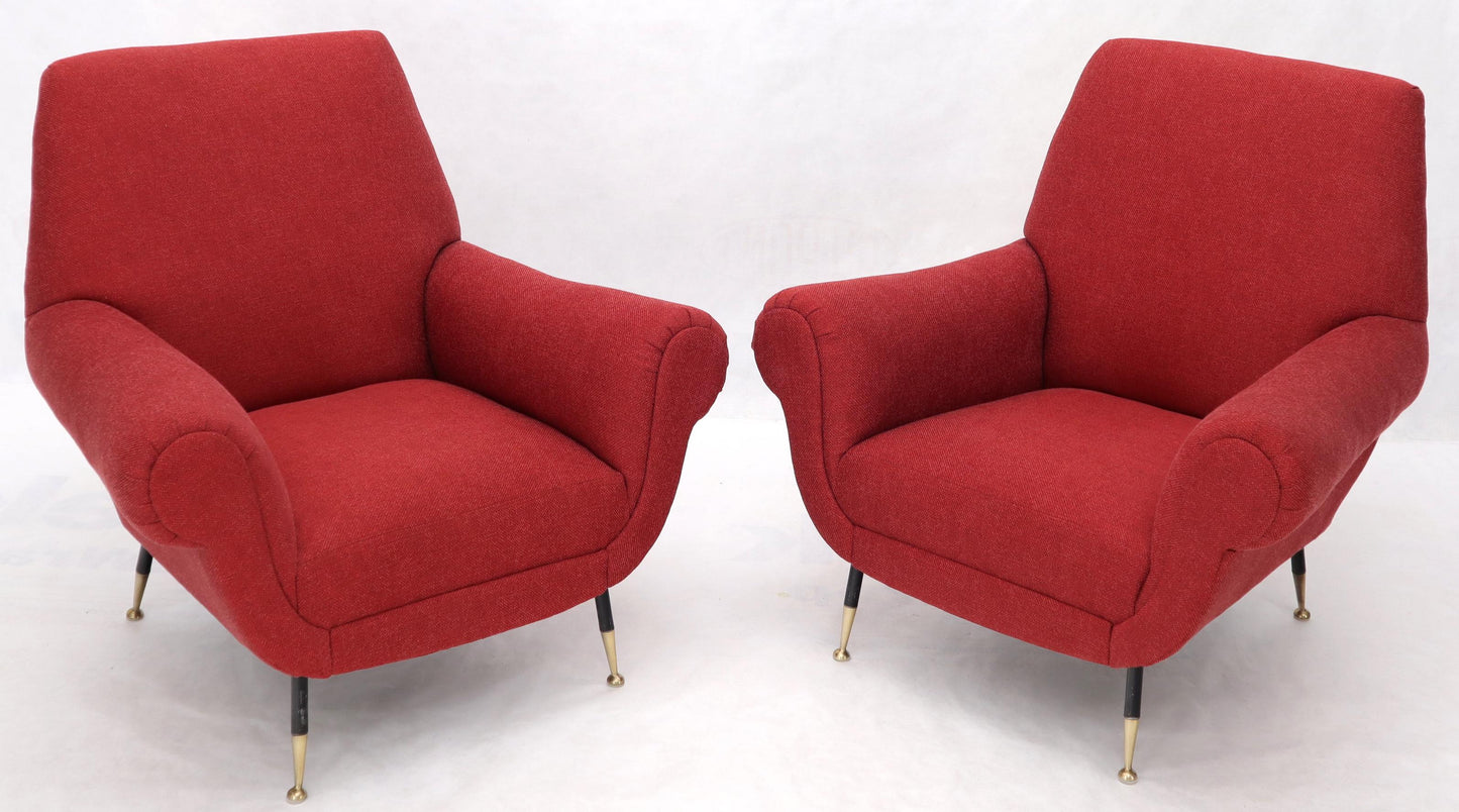 Pair of Red New Red Upholstery Italian Lounge Chairs Brass Feet