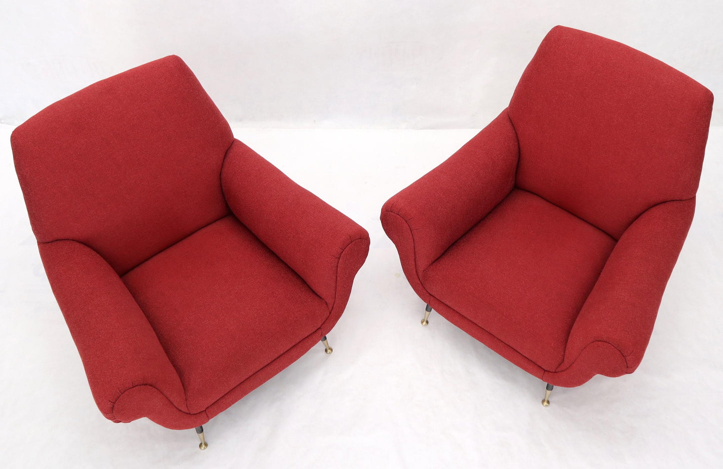 Pair of Red New Red Upholstery Italian Lounge Chairs Brass Feet