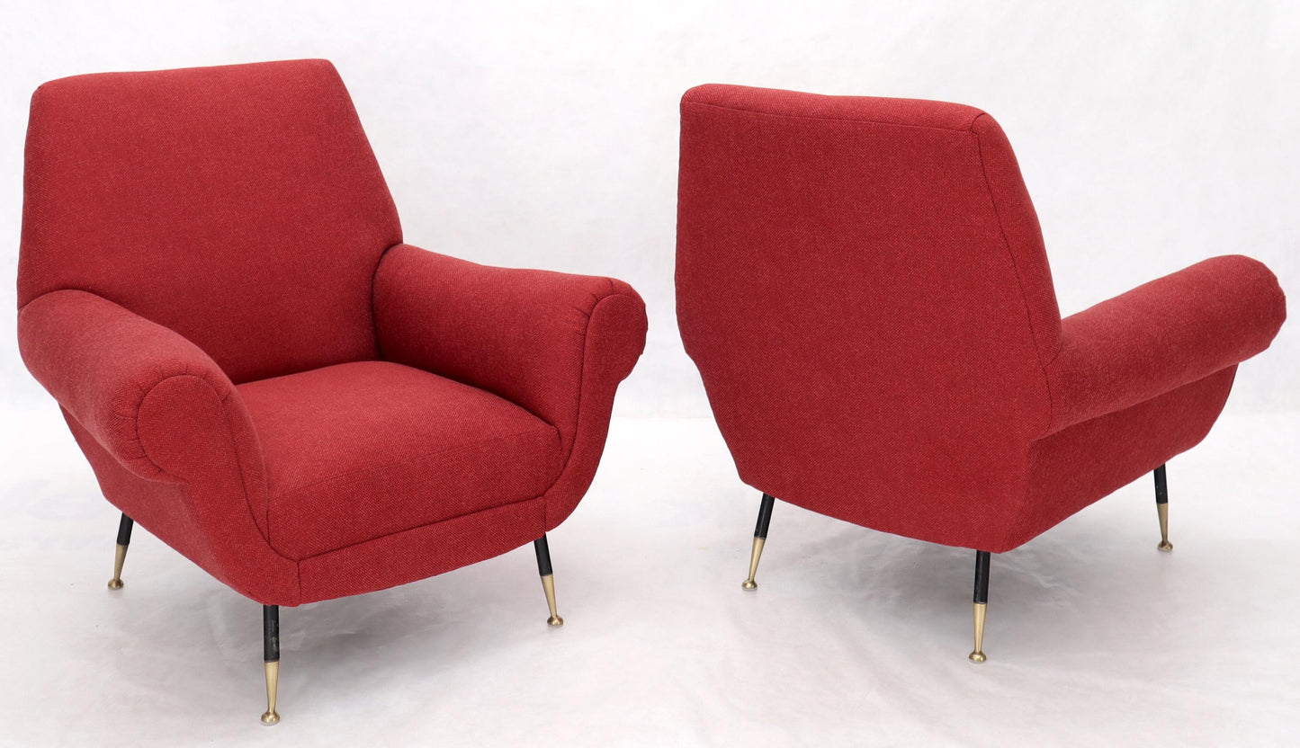 Pair of Red New Red Upholstery Italian Lounge Chairs Brass Feet