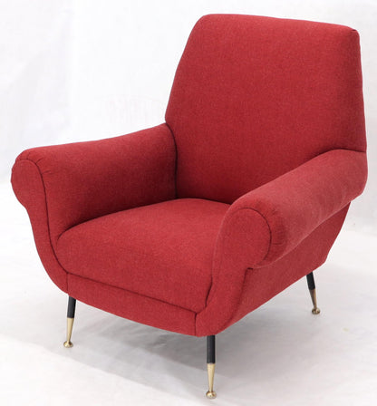 Pair of Red New Red Upholstery Italian Lounge Chairs Brass Feet