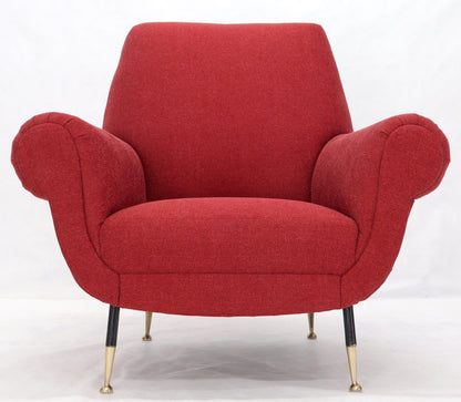 Pair of Red New Red Upholstery Italian Lounge Chairs Brass Feet