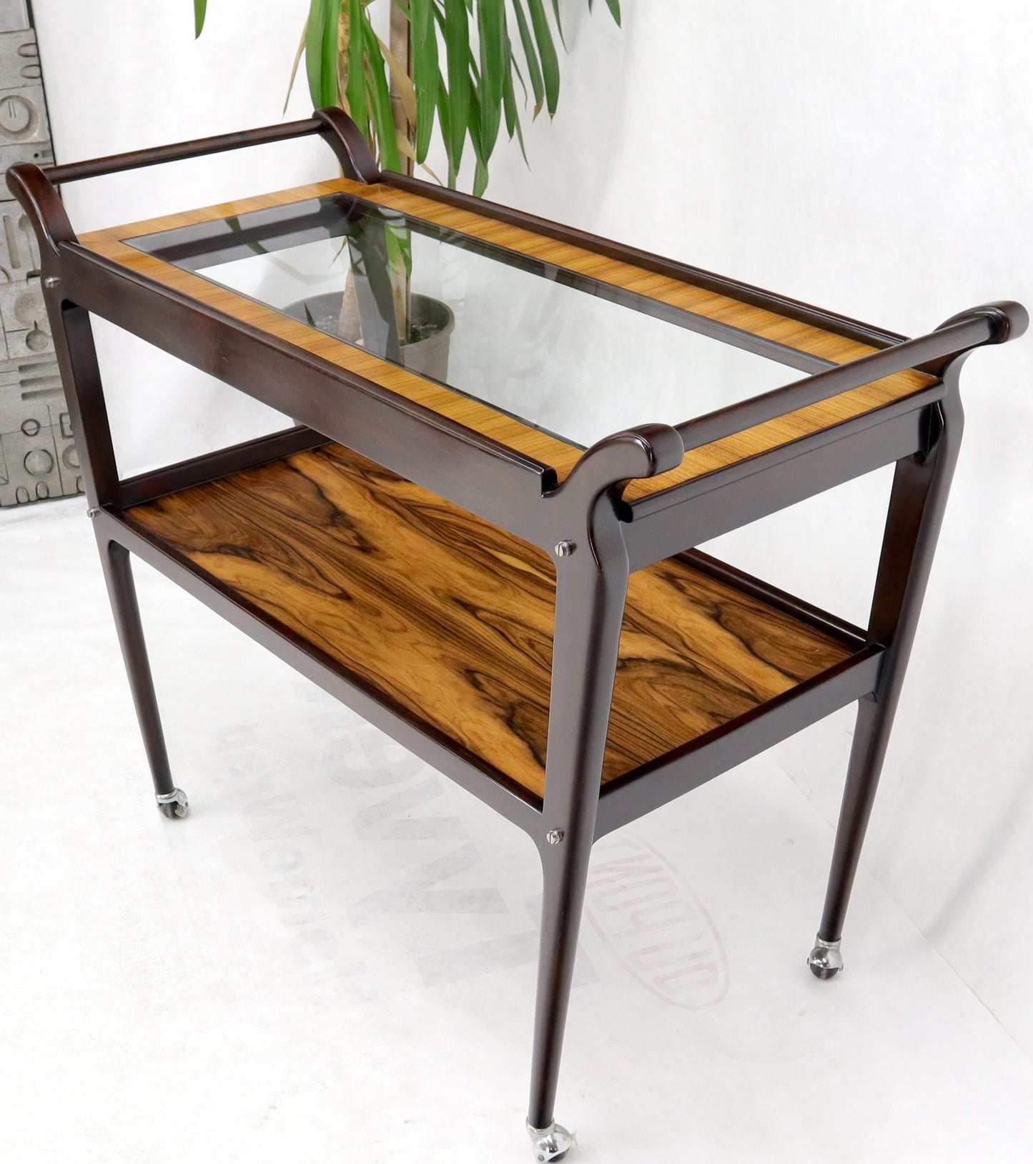 Rosewood & Glass Two Tier Serving Cart on Wheels