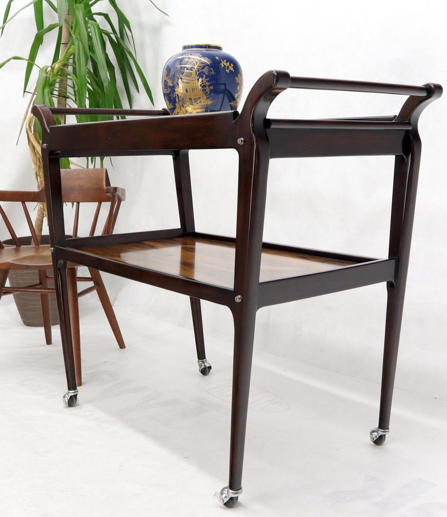 Rosewood & Glass Two Tier Serving Cart on Wheels