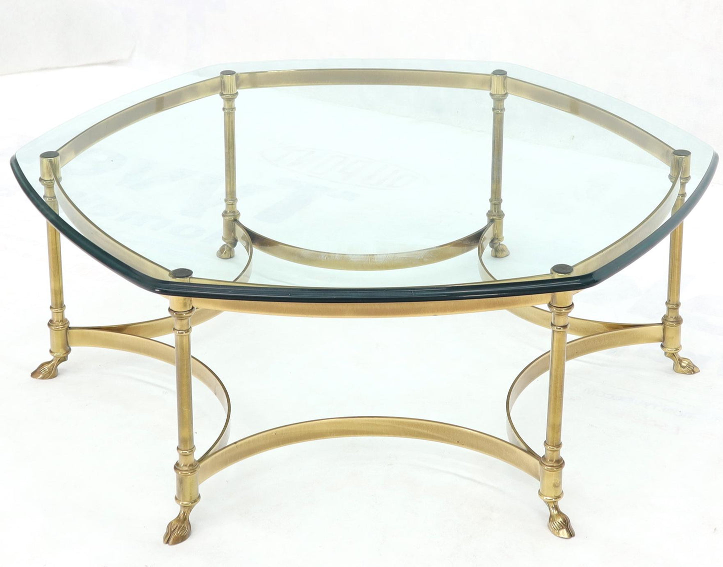 Hexagon Shape Glass Top Brass Frame Hoof Feet Coffee Table