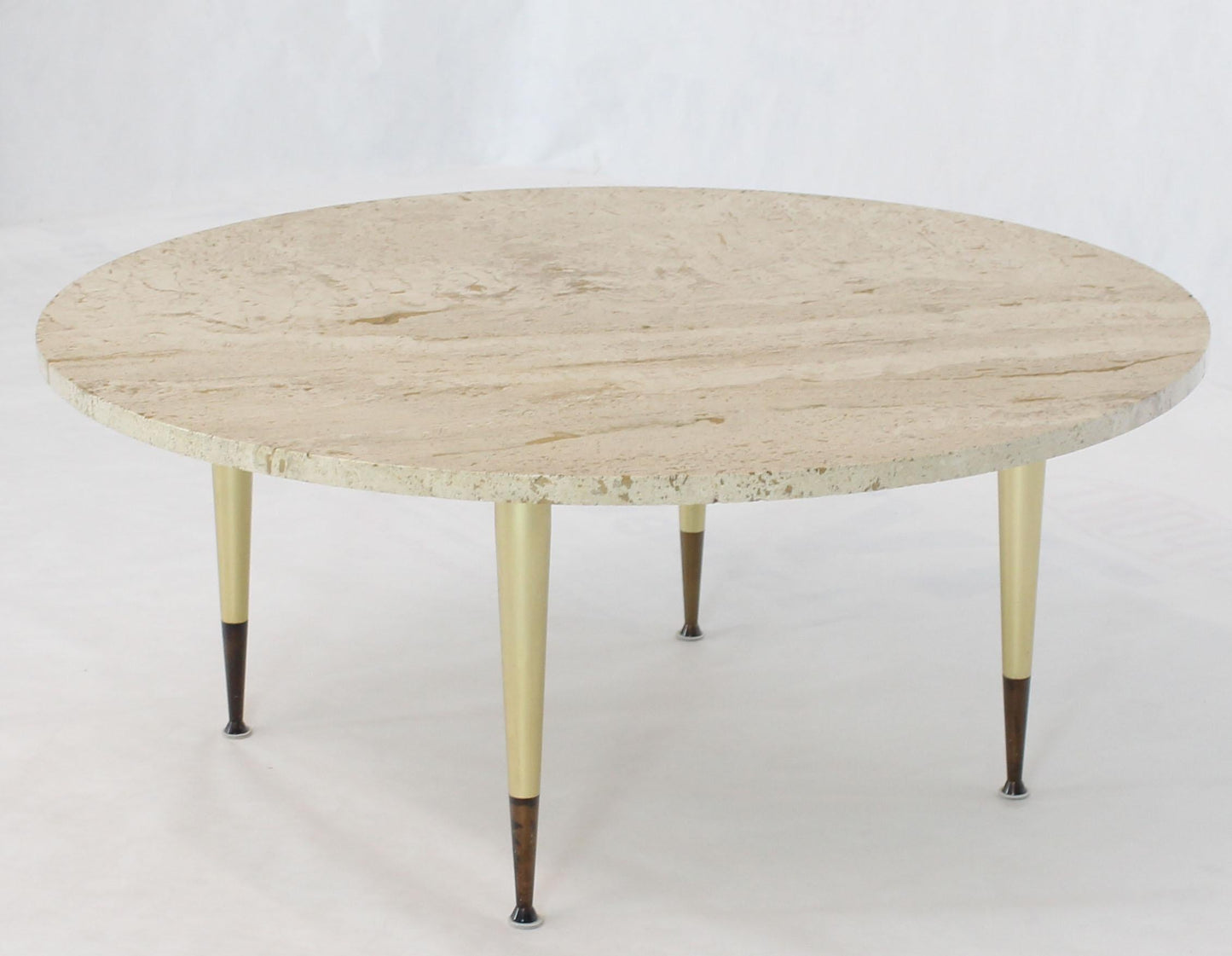 Italian Modern Round Travertine Top Coffee Table on Tapered Metal Legs Base