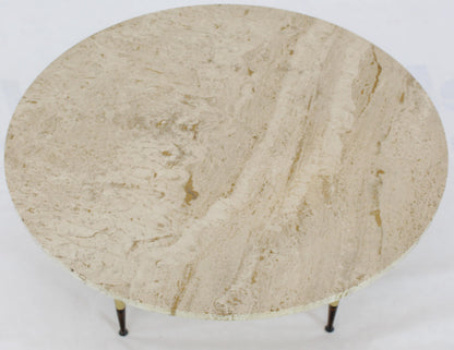 Italian Modern Round Travertine Top Coffee Table on Tapered Metal Legs Base