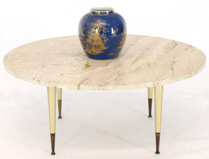 Italian Modern Round Travertine Top Coffee Table on Tapered Metal Legs Base